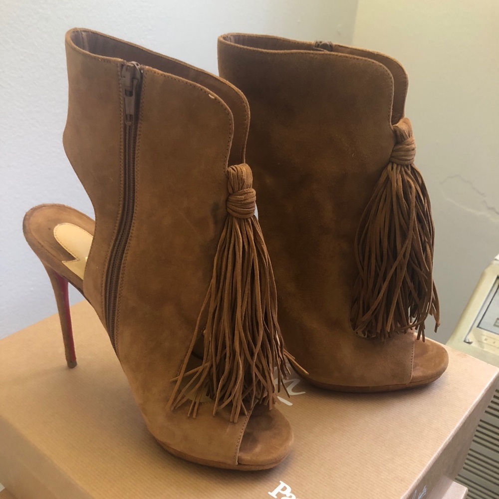 Christian Louboutin nude fringe heels